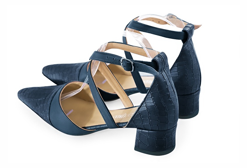 Denim blue women's open side shoes, with crossed straps. Tapered toe. Low flare heels. Rear view - Florence KOOIJMAN